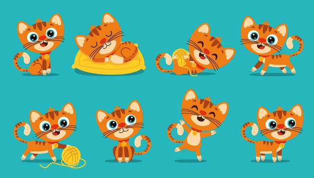 Conjunto de poses de gato de desenho animado