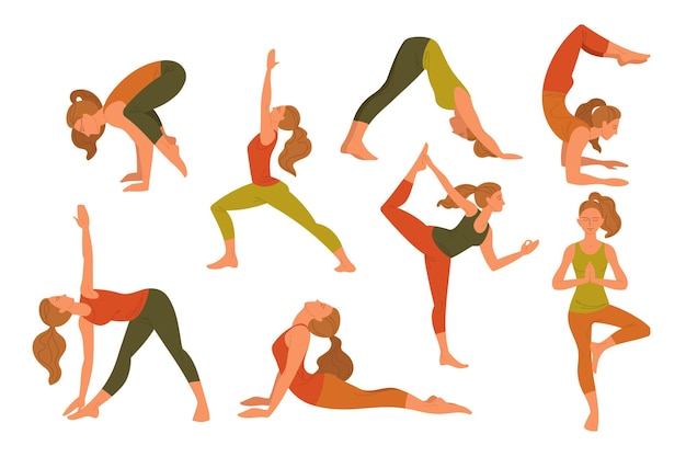 Conjunto de poses de ioga e exercícios físicos de mulher. Ilustrações vetoriais de garota esticando o corpo. Personagem feminina de desenho animado treinando na academia ou em casa isolada no branco. Esporte, treino, conceito de saúde