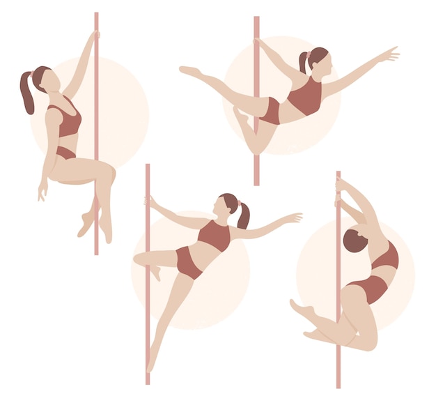 Conjunto de poses de pole dance de garota de pole dance