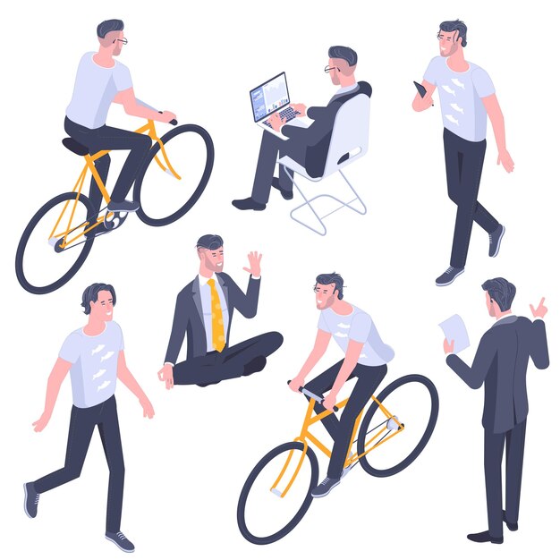 Conjunto de poses, gestos e atividades de personagens jovens isométricos de design plano. escritório trabalhando, aprendendo, caminhando, comunicando-se, andando de bicicleta, ioga meditando personagens de pessoas.