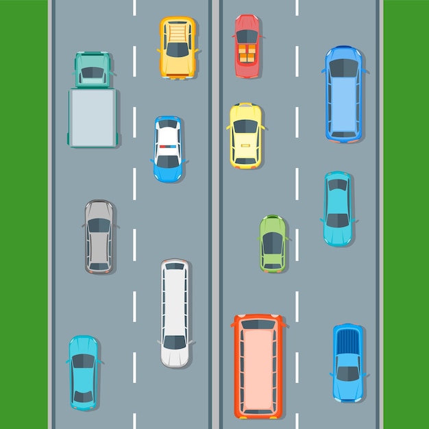 Conjunto de posição de vista superior de carros diferentes na estrada. estilo de design plano. ilustração