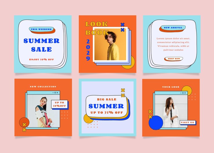Conjunto de postagem de folheto quadrada com tema de venda de verão para mídia social