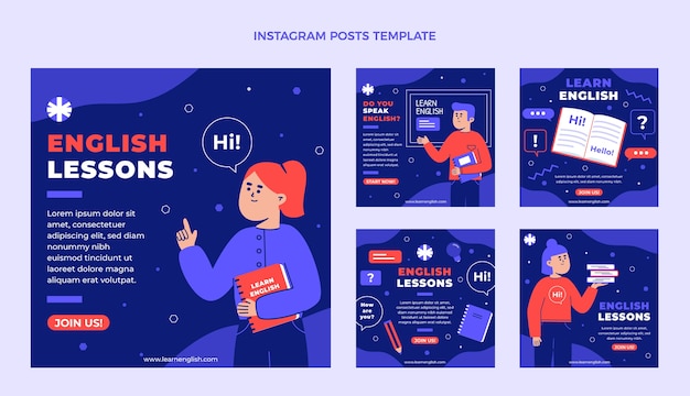 Conjunto de postagem de instagram de aulas de inglês de design plano