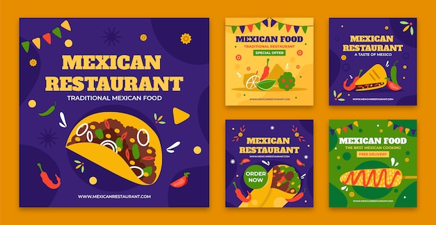 Vetor conjunto de postagem de instagram de restaurante mexicano de design plano