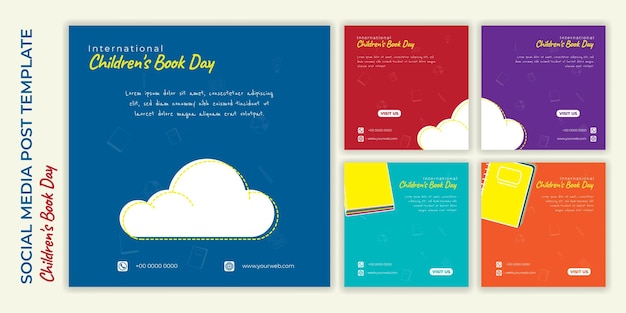 Conjunto de postagem de mídia social com opções multicoloridas para design internacional do dia do livro infantil