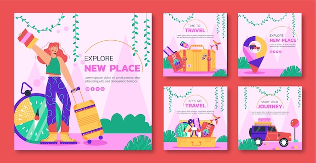 Conjunto de postagem do instagram de aventura de viagem desenhada à mão