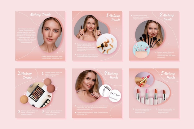 Conjunto de postagens do instagram de beleza gradiente