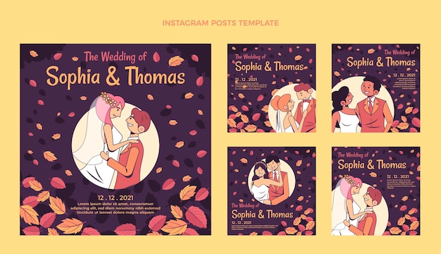 Vetor conjunto de postagens do instagram para casamento desenhado à mão
