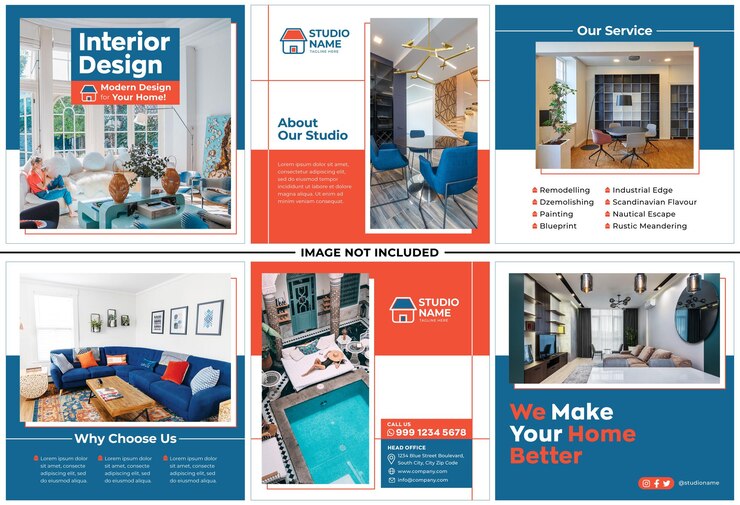 Conjunto de postagens do Instagram para promoção de agências de design de interiores