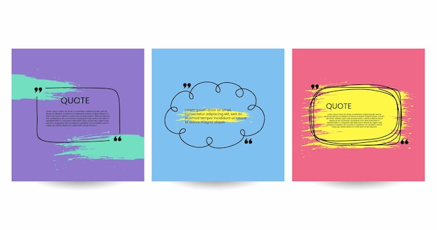 Conjunto de pôster de citação coleção de caixa de moldura geométrica desenhada à mão com discurso de bolha de sinal de vírgula dupla e local de cotação modelo em branco para comentário ou mensagem conjunto isolado de vetor de banner criativo