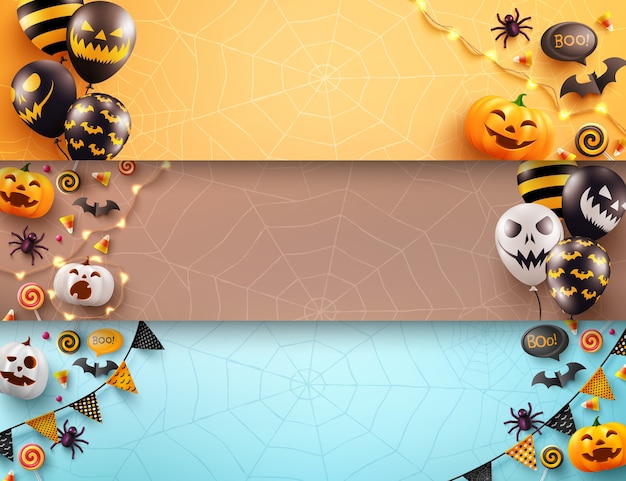 Vetor conjunto de pôster de halloween e modelo de banner com balões de ar assustadores e elemento de halloween