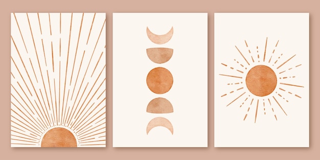 Vetor conjunto de pôster de plano de fundo de forma de sol de lua de meio século moderno minimalista boho