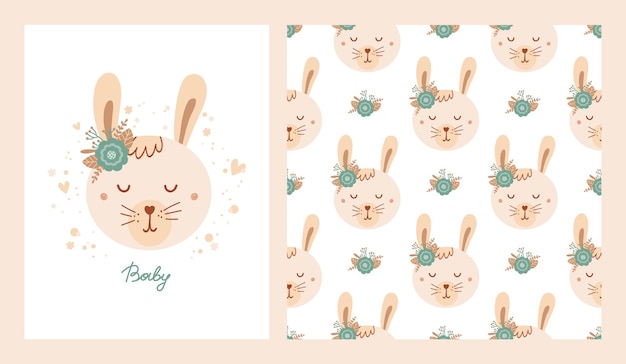 Conjunto de pôster fofo e padrão sem emenda com cara de coelho e pôster com letras de bebê. Coleção com animal de estilo simples para roupas de crianças, têxteis, papéis de parede. Ilustração vetorial