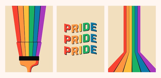 Conjunto de pôsteres lgbt abstratos do mês do orgulho decoração de parede com listras de arco-íris