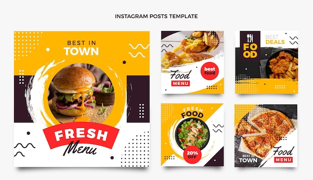 Vetor conjunto de postes ig de comida de design plano