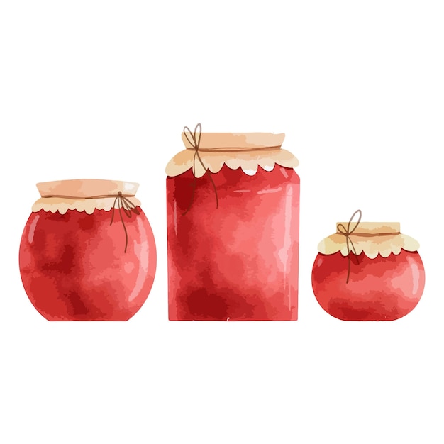 Conjunto de potes com geléia de frutas marmelada vermelha caseira aquarela digital