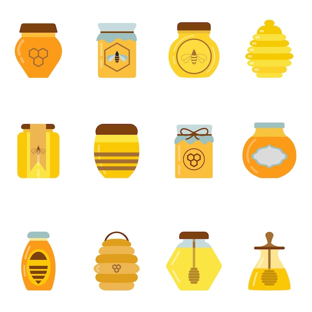 Vetor conjunto de potes de mel orgânico. mel orgânico doce dourado natural em recipientes diferentes. produto apiário saudável em diversos potes artesanais.