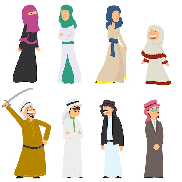 Conjunto de povos árabes em trajes nacionais, isolado no branco.