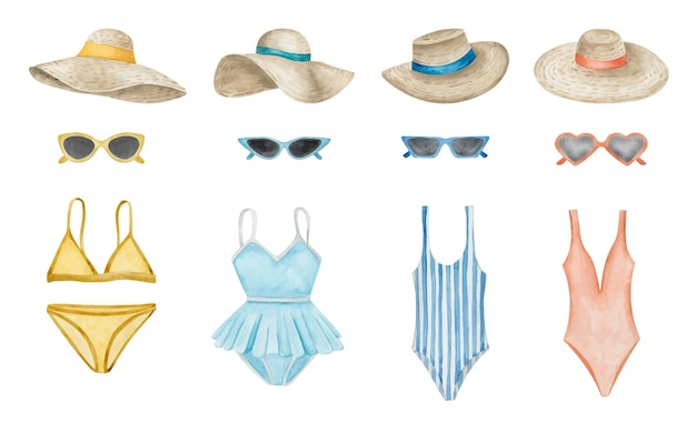 Conjunto de praia vintage de roupas ilustração desenhada à mão em aquarela