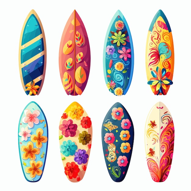 Conjunto de pranchas de surf com diferentes designs de padrões brilhantes e incomuns isolados em ilustração vetorial plana de desenho animado de fundo