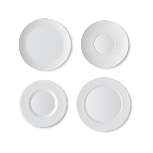 conjunto de prato, louça de cozinha, prato em branco isolado no fundo branco