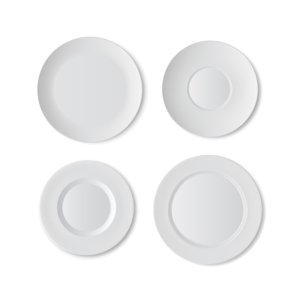 Conjunto de prato, louça de cozinha, prato em branco isolado no fundo branco