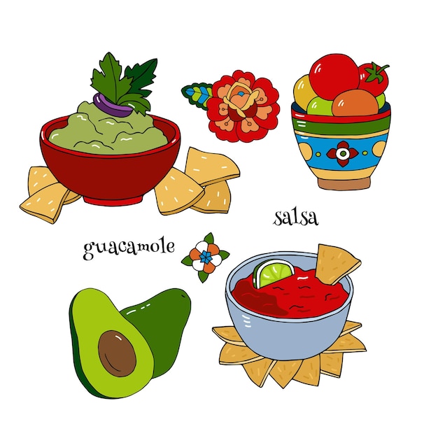 Conjunto de pratos da cozinha latino-americana salsa, guacamole e legumes isolados no fundo branco