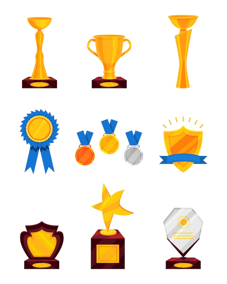 Vetor conjunto de prêmios diferentes. copos de ouro brilhantes, roseta dourada com fita, medalhas, prêmio de vidro. troféus para vencedores.