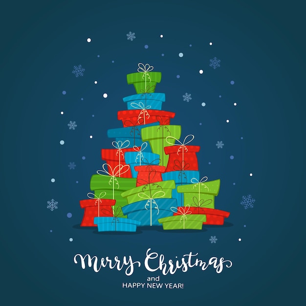 Conjunto de presentes na forma de uma árvore de Natal em fundo azul com flocos de neve e texto feliz Natal e feliz ano novo. A ilustração pode ser usada para design de férias, cartões, convites e banners