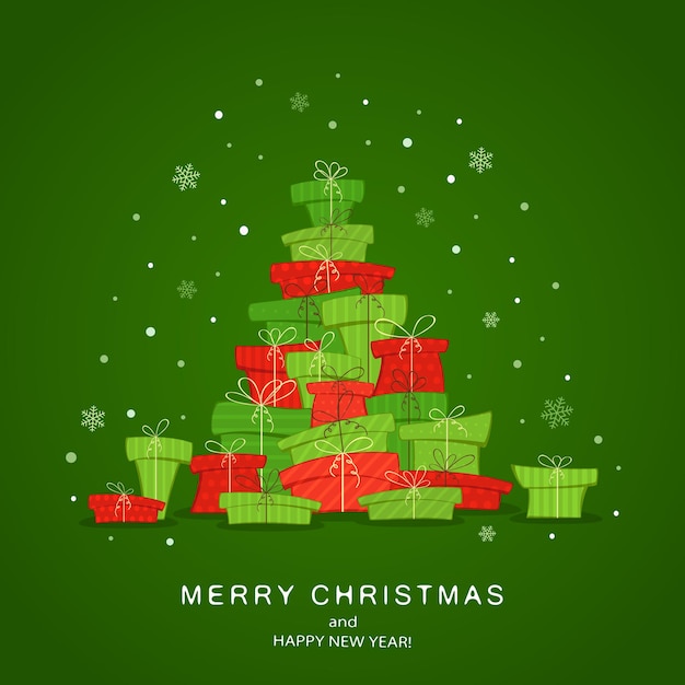 Conjunto de presentes na forma de uma árvore de Natal em fundo verde com flocos de neve e texto feliz Natal e feliz ano novo. A ilustração pode ser usada para design de férias, cartões, convites e banners