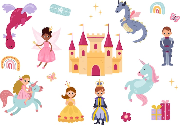 Vetor conjunto de princesas desenhadas à mão, príncipes, castelos, dragões, unicórnios e outros detalhes para design infantil