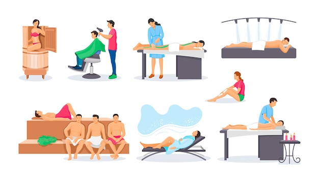 Conjunto de procedimentos de spa de bem-estar. Tratamentos, cuidados com a pele, tratamentos, procedimentos de massagem, depilação com cera, ducha relaxante, sauna spa wellness água, corte de cabelo masculino. Conceito de vetor de estilo de vida saudável