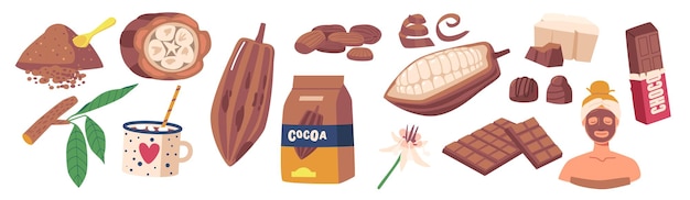 Conjunto de produção de chocolate e cacau em pó bebida quente e máscara cosmética doces óleo vegetal bebida com folhas