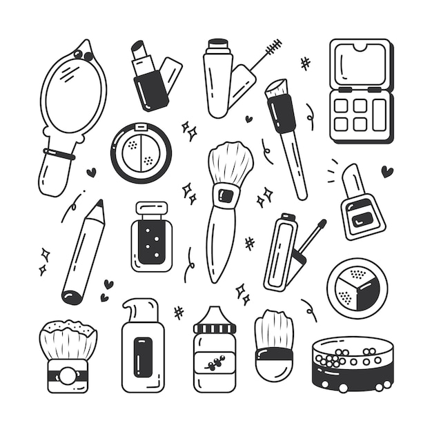 Conjunto de produtos cosméticos e de beleza desenhados à mão na ilustração do ícone de linha preta doodle