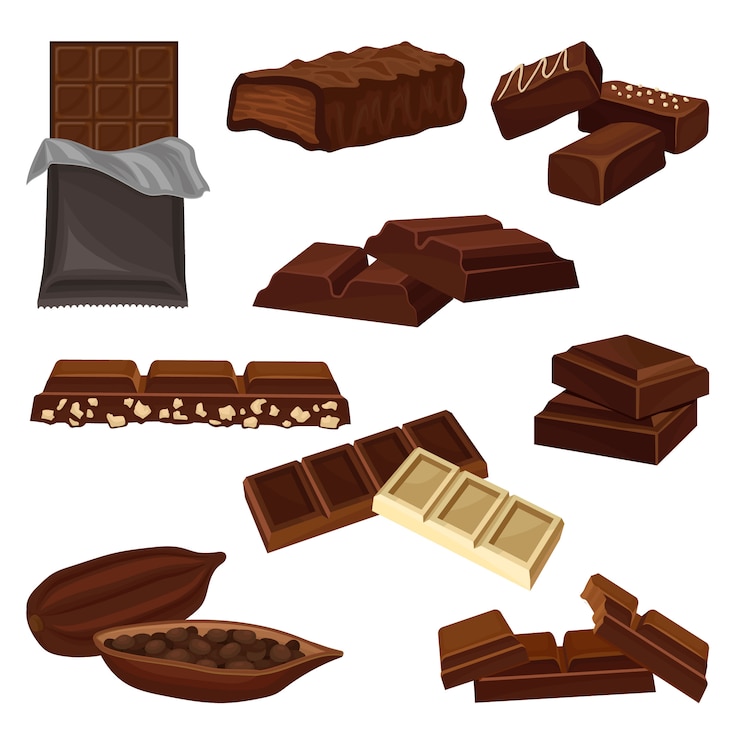 Vetor conjunto de produtos de chocolate. doces, pedaços de barras e cacau cheio de sementes. comida doce. elementos para cartaz ou banner da loja de doces