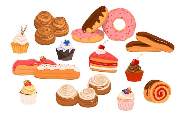 Conjunto de produtos de confeitaria doce cinnabon donuts eclairs cupcakes bolo rolls vector illust