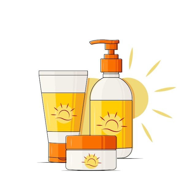 Conjunto de produtos de cuidados com a pele protetor solar de verão cosméticos fórmula spf ilustração vetorial de rótulo de sol laranja