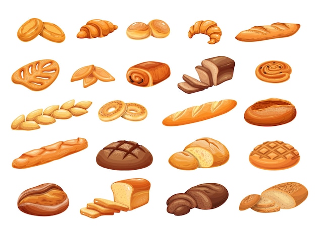 Conjunto de produtos de padaria de pão francês, ilustração vetorial colorida. Asse pão, pastelaria e fatias de pão. Tabatiere, epi baguette, bagel, pain au levain, petits pains e ets.