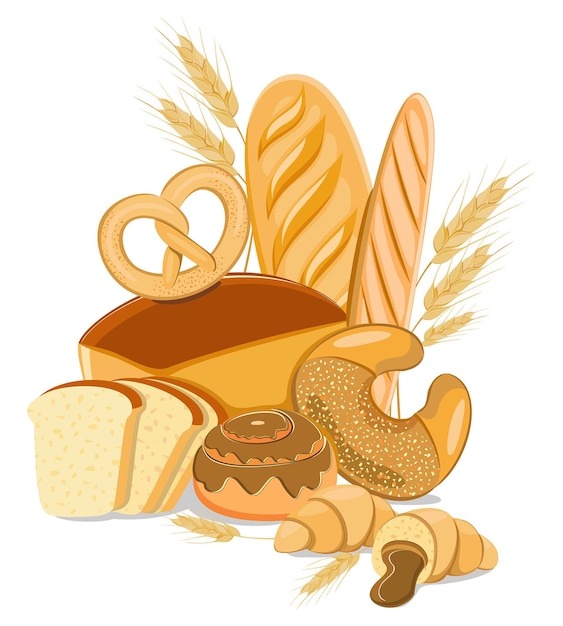 Conjunto de produtos de padaria, pão, croissant, pão, tortas