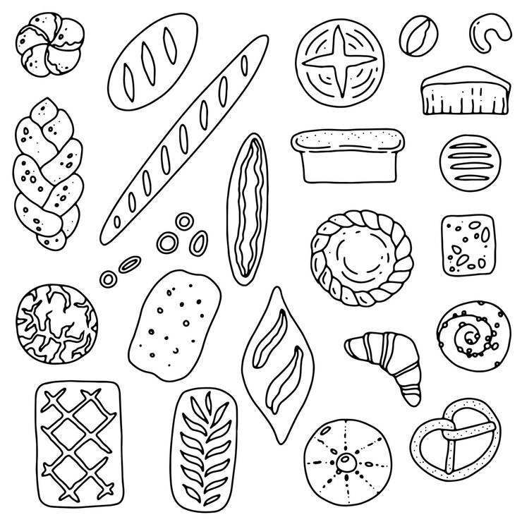 Conjunto de produtos de panificação. Pão, pão, baguete, croissant, pretzel, pão de caracol, torta em estilo doodle. Ilustração vetorial
