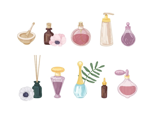 Conjunto de produtos de perfume em frascos de vidro e frascos isolados no fundo branco. pacote de desenhos de fragrâncias, água de banheiro, óleo essencial, incensos, almofariz e pilão. ilustração vetorial.