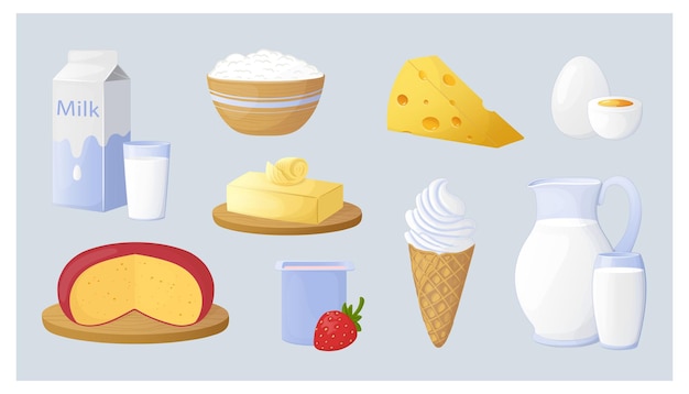 conjunto de produtos lácteos desenhados à mão em estilo de desenho animado