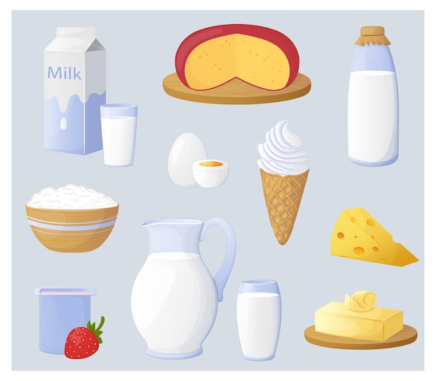 conjunto de produtos lácteos desenhados à mão em estilo de desenho animado