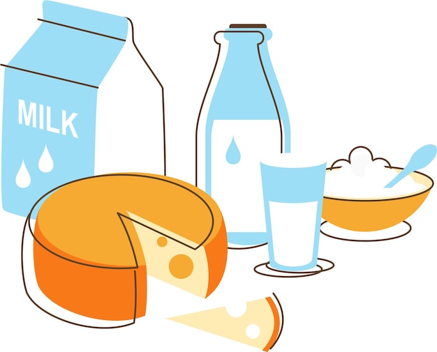 Conjunto de produtos lácteos em estilo de esboço de arte de linha