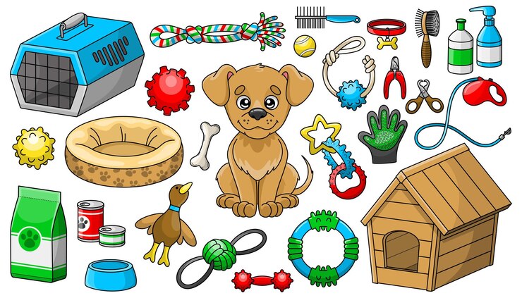 Vetor conjunto de produtos para cães e acessórios para pet shop ilustrações isoladas de desenhos animados coloridos