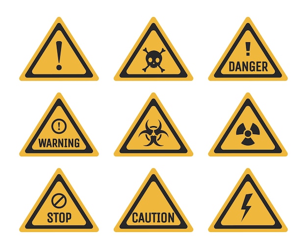 Conjunto de proibição e sinais de aviso de ilustração plana de perigo