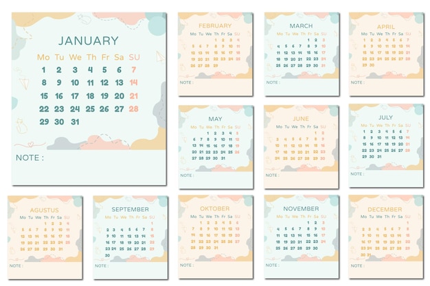 conjunto de projetos de calendário vetorial para 2024