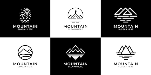Vetor conjunto de projetos de logotipo de aventura de viagem de montanha lago de pico minimalista e logotipo de símbolo ao ar livre