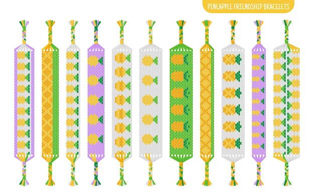 Conjunto de pulseiras de amizade artesanal de abacaxi amarelo de fios ou contas tutorial de padrão normal de macramê