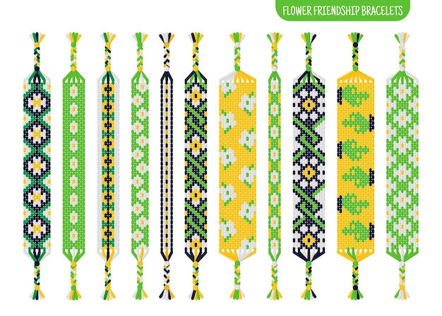 Conjunto de pulseiras de amizade feitas à mão de flores amarelas ou contas Tutorial de padrão normal de macramê